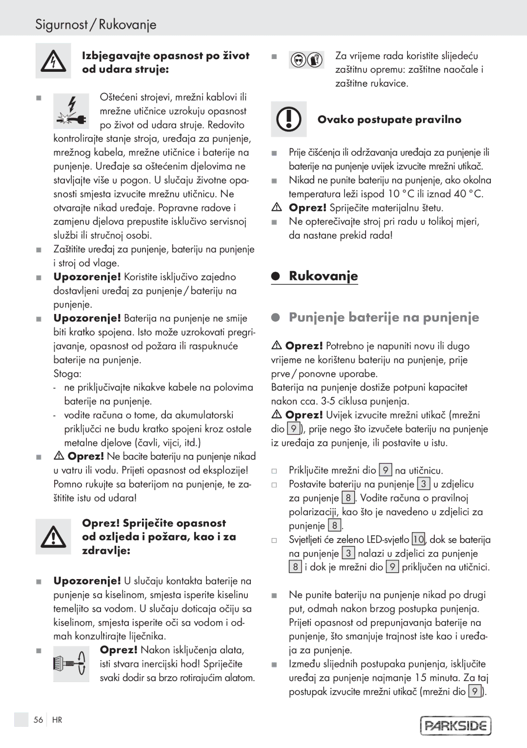 Kompernass PFBS 9.6V Sigurnost / Rukovanje, Punjenje baterije na punjenje, Izbjegavajte opasnost po život od udara struje 